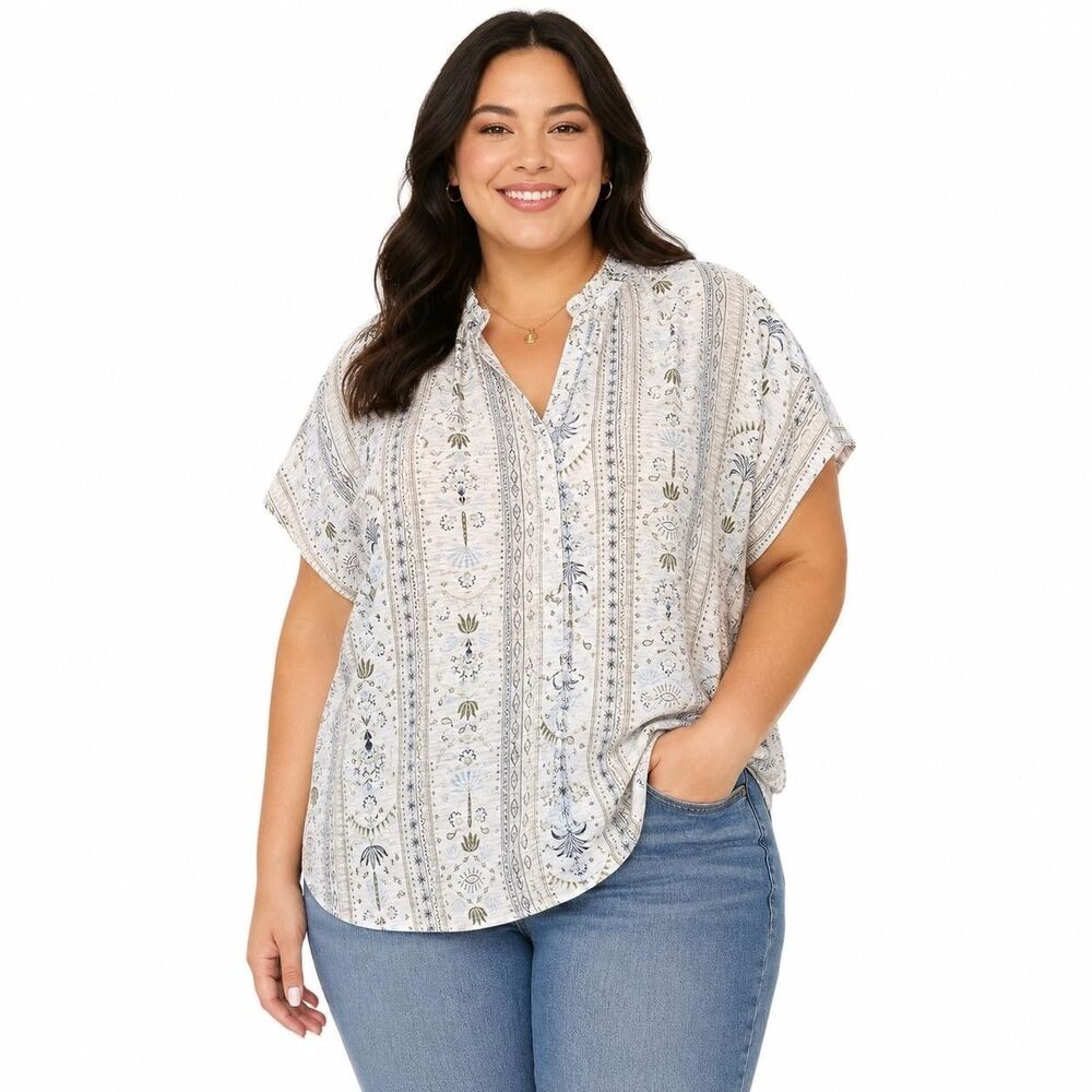 Belle Isle By Torrid Tunic Blouse Womens Lg Blue Striped V Neck Sleeve Top